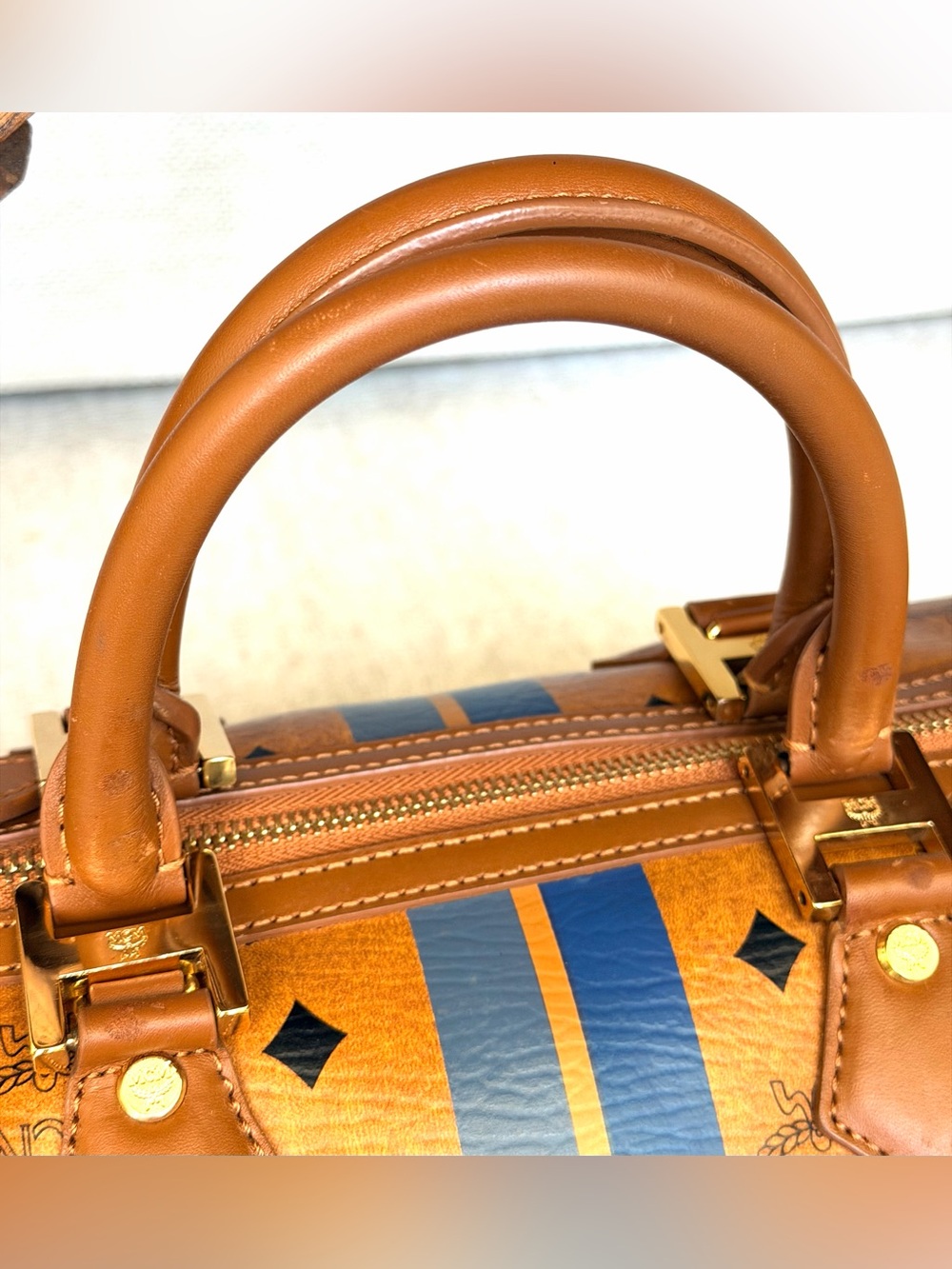 MCM Rare Visetos Blue Stripe Boston Satchel Bag Cognac Gold Hardware - Picture 5 of 13